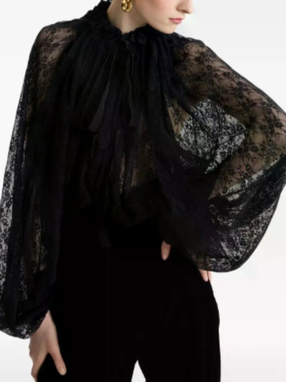 PATOU Lace Drawstring Oversized Blouse with Balloon Sleeves